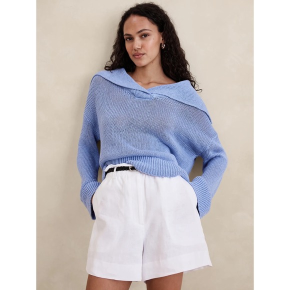 Banana Republic Sweaters - BANANA REPUBLIC Linen Sailor Sweater Light Blue Foldover Collar Oversize XS/S
